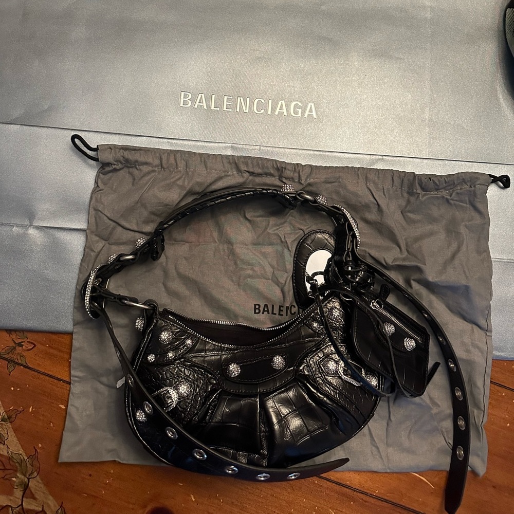 BALENCIAGA Le Cagole XS Embellished Croc Embossed Leather Bag